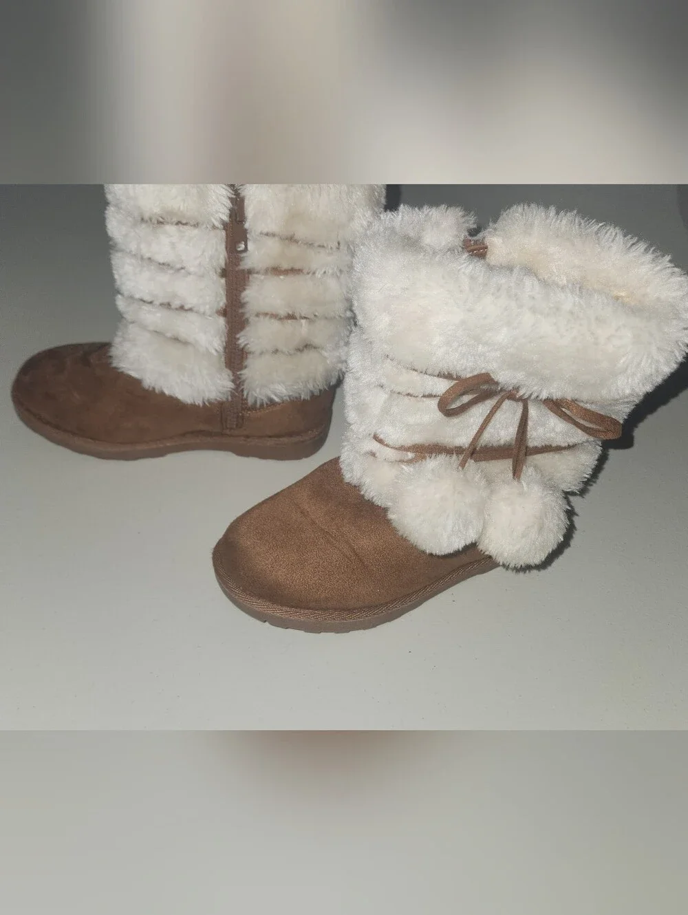 Kids Faux Fur Trim Brown Suede Winter Boots - Cream Fur Size 12 Toddler